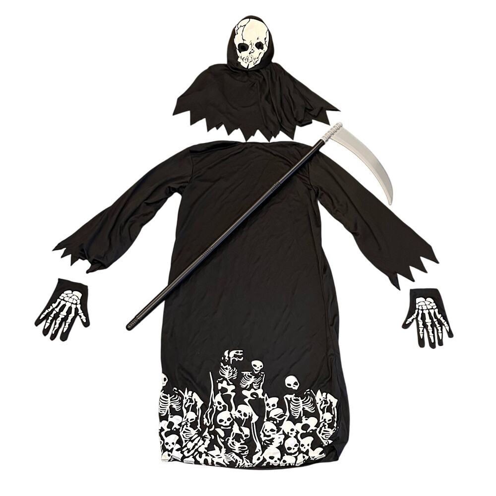 Grim Reaper Glow In The Dark Halloween Costume With Scythe Kids Size 12/14